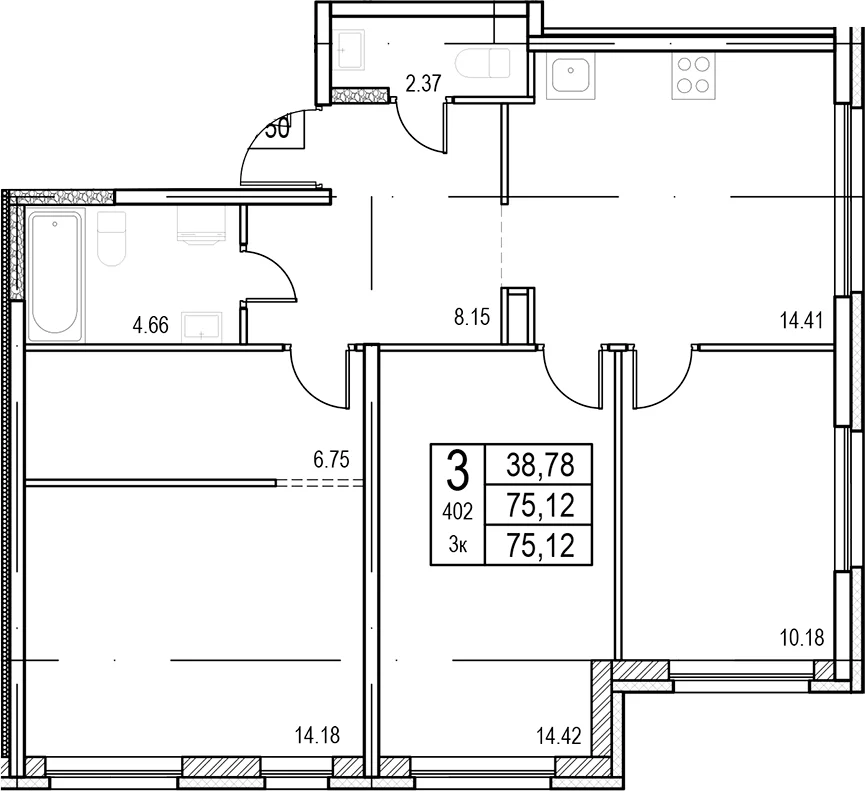 Планировка: 3-комнатная квартира 75,1 м² в ЖК «ID Murino III»