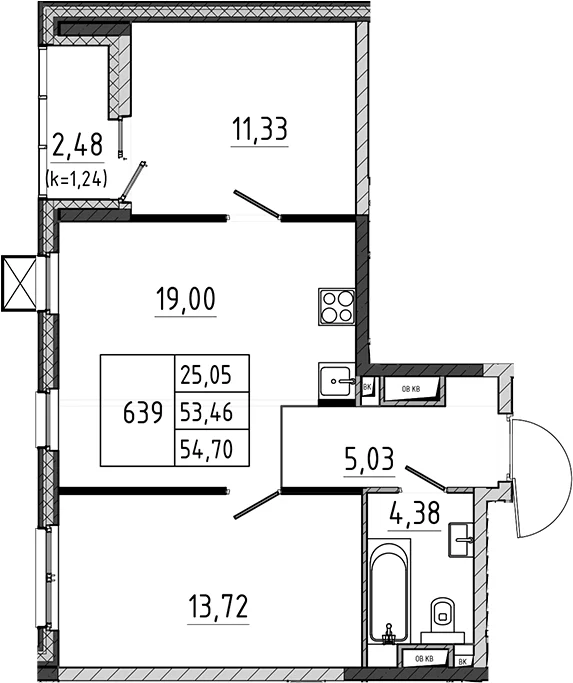 Планировка: Евротрёшка 53,5 м² в ЖК «Поварово-Молодежный-2»