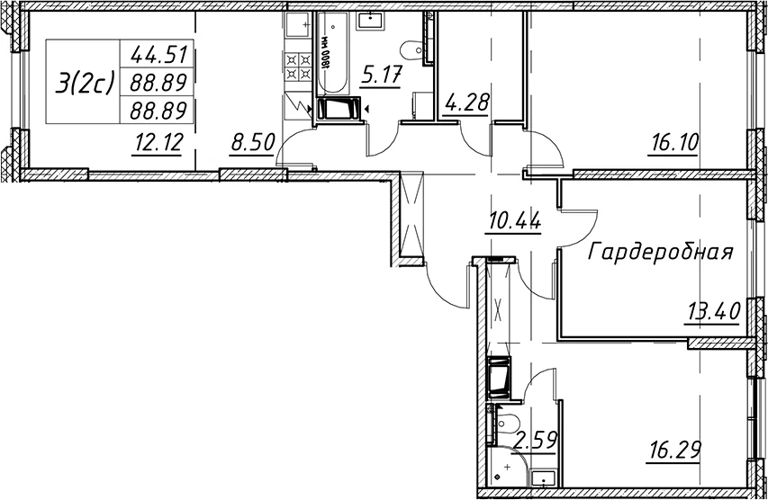 Планировка: Евротрёшка 88,9 м² в ЖК «Цивилизация на Неве»