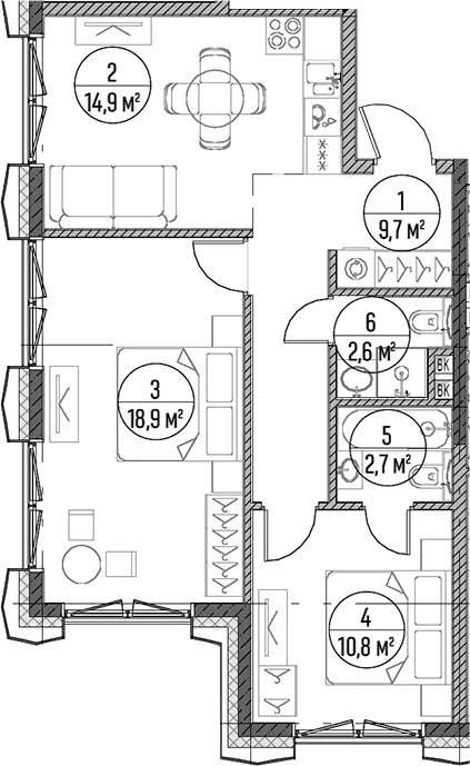 Планировка: 2-комнатная квартира 59,6 м² в ЖК «Дом на Часовой»