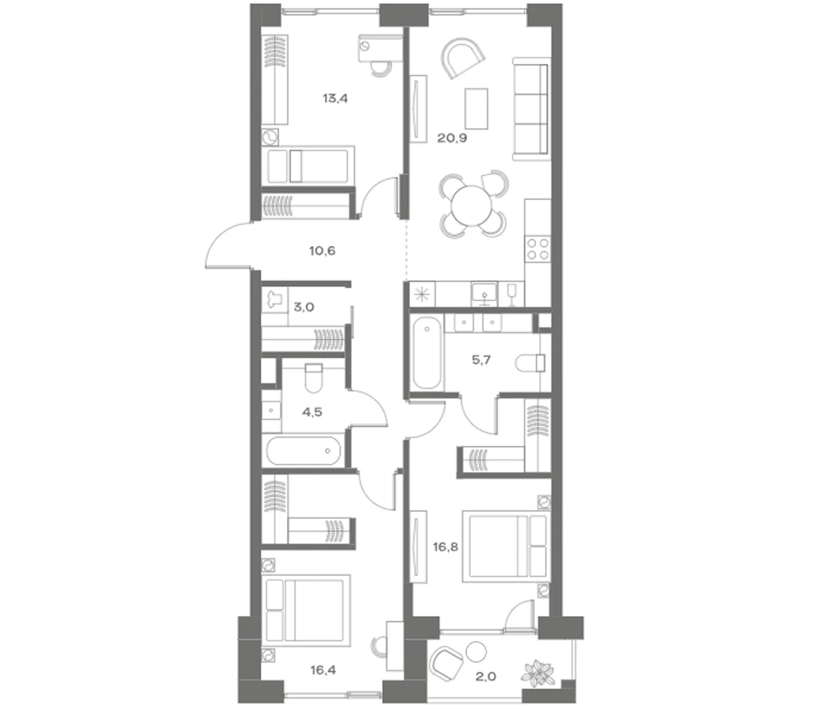 Планировка: Квартира евро-4 91,3 м² в ЖК «СОУЛ»