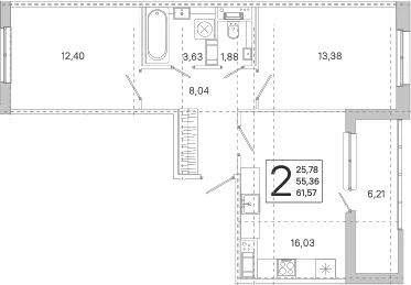 Планировка: 2-комнатная квартира 55,4 м² в ЖК «ЮгТаун. Олимпийские кварталы»