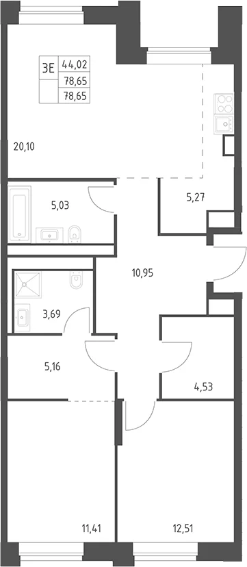 Планировка: Евротрёшка 78,7 м² в ЖК «Верейская 41»