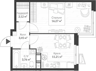 Планировка: 1-комнатная квартира 36,8 м² в ЖК «ВЕРЕН НОРТ Cертолово»