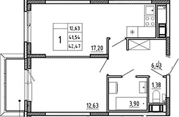 Планировка: Евродвушка 41,5 м² в ЖК «Аннино Сити»
