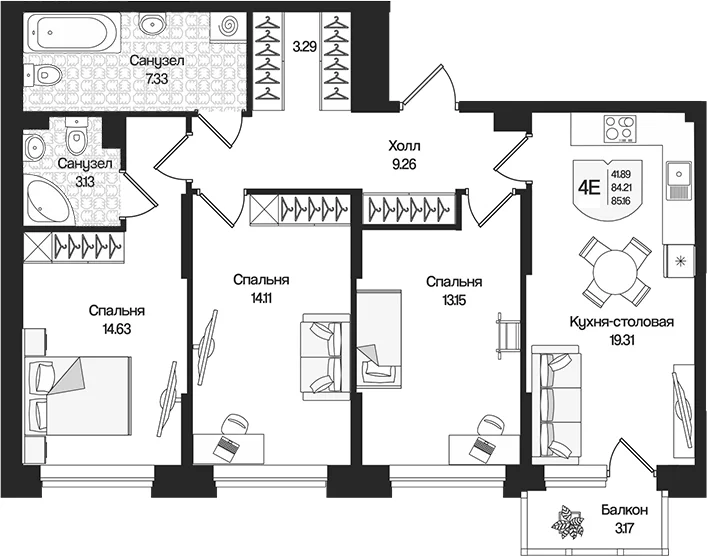Планировка: Квартира евро-4 84,2 м² в ЖК «Охтинские высоты»