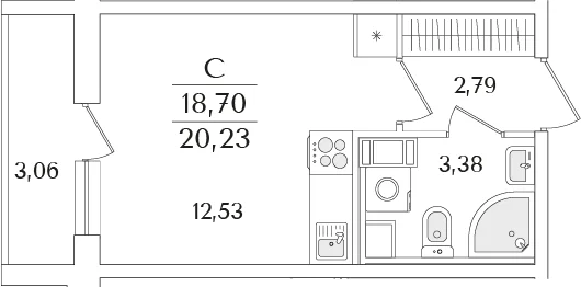 Планировка: Студия 18,7 м² в ЖК «Кинопарк»