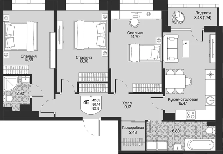 Планировка: Квартира евро-4 80,4 м² в ЖК «Охтинские высоты»