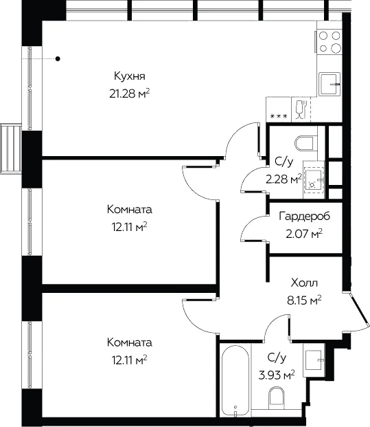 Планировка: 2-комнатная квартира 60,9 м² в ЖК «Октябрьская 98»