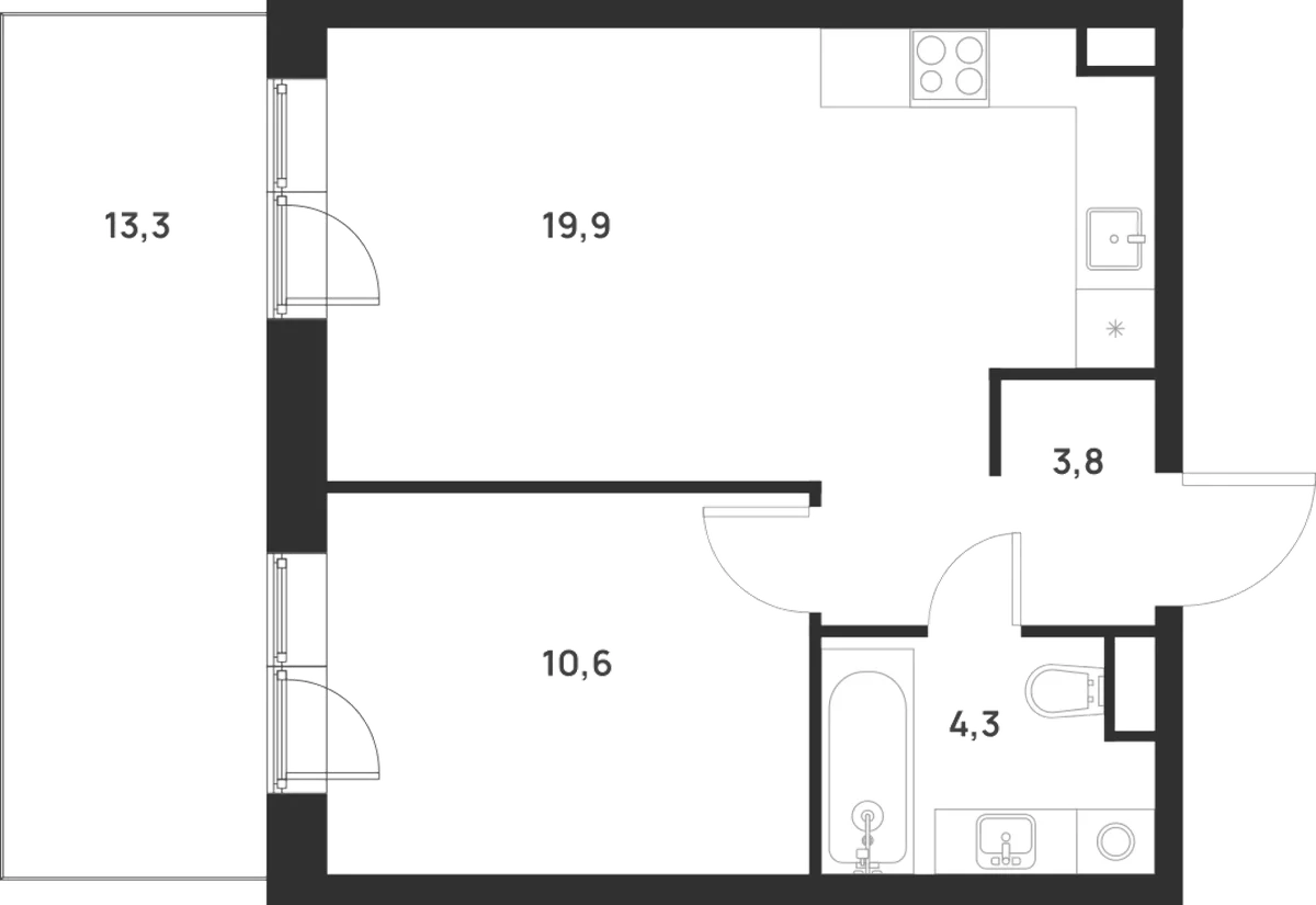 Планировка: 1-комнатная квартира 38,6 м² в ЖК «Форевиль»