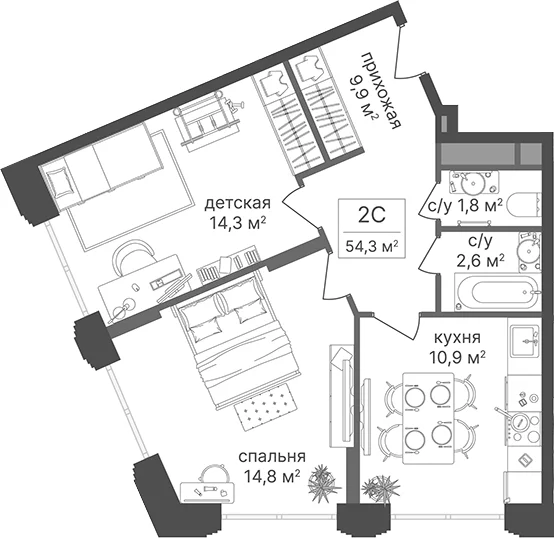 Планировка: 2-комнатная квартира 53,3 м² в ЖК «Гостиничный комплекс Варшавские ворота»