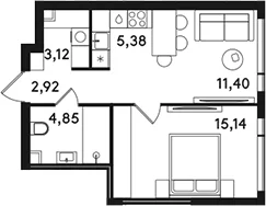Планировка: Евродвушка 42,8 м² в ЖК «СОЛОС»