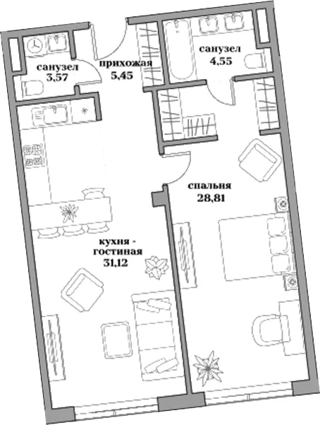 Планировка: Евродвушка 73,5 м² в ЖК «Садовническая, 69»