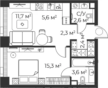 Планировка: Евродвушка 43,5 м² в ЖК «Веер»