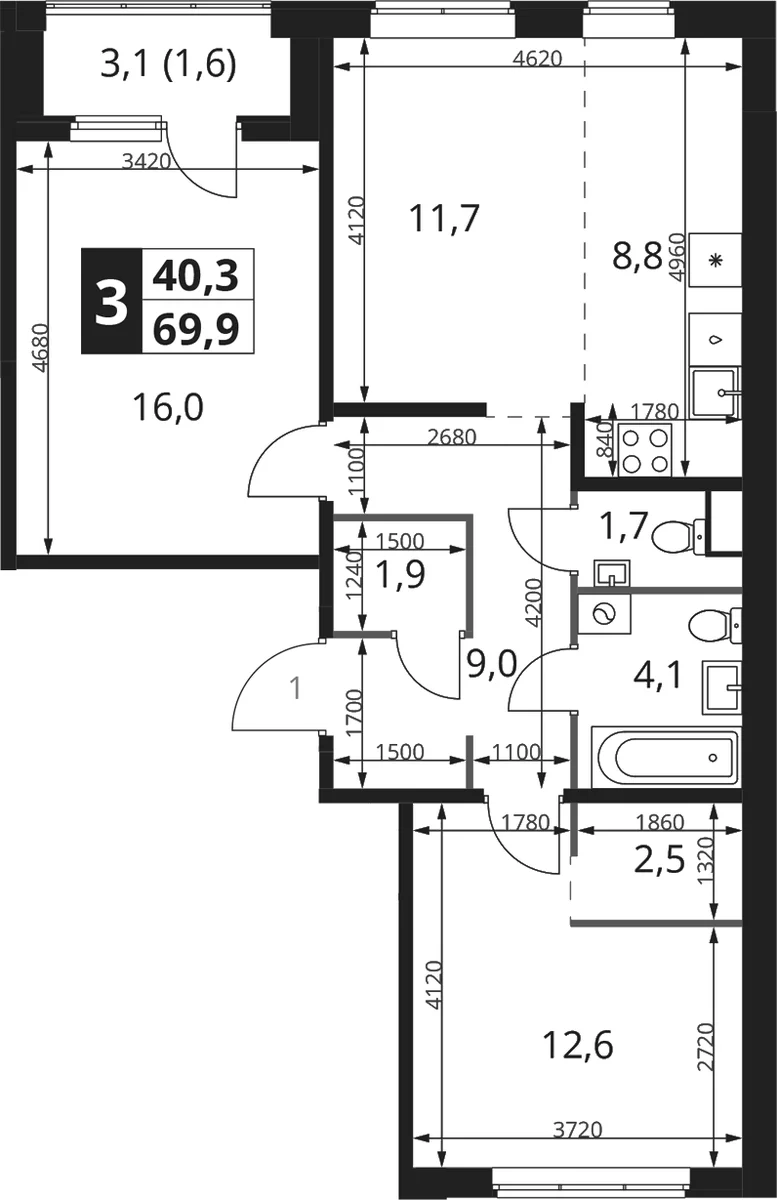 Планировка: Евротрёшка 68,3 м² в ЖК «1-й Ясеневский»