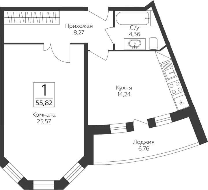Планировка: 1-комнатная квартира 52,4 м² в ЖК «Пахра Сити»