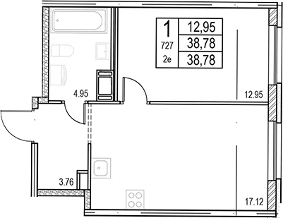 Планировка: Евродвушка 38,8 м² в ЖК «ID Murino III»