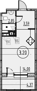 Планировка: Студия 20,4 м² в ЖК «COSMOS SMART САНКТ-ПЕТЕРБУРГ ЮЖНЫЙ ОТЕЛЬ»