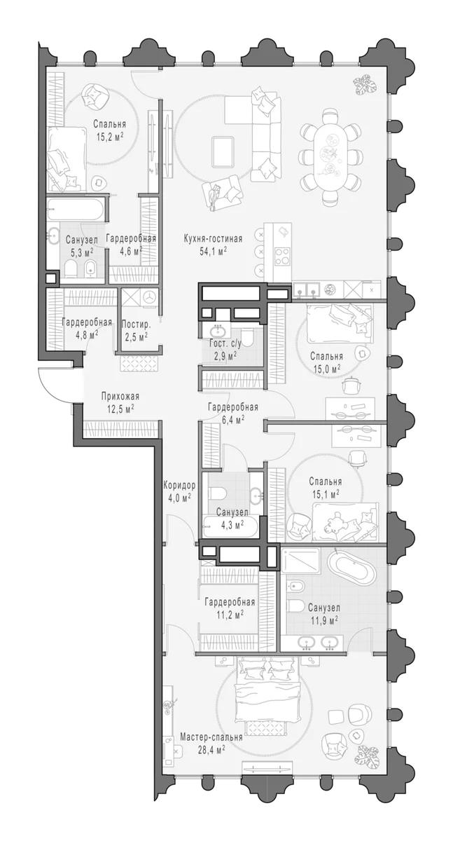 Планировка: 5-комнатная квартира 200 м² в ЖК «Клубный квартал Фрунзенский»