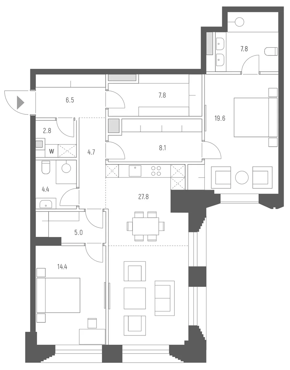 Планировка: Евротрёшка 108,9 м² в ЖК «Веспер Кутузовский»