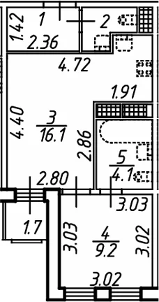 Планировка: Евродвушка 34,8 м² в ЖК «Аэросити Клаб»