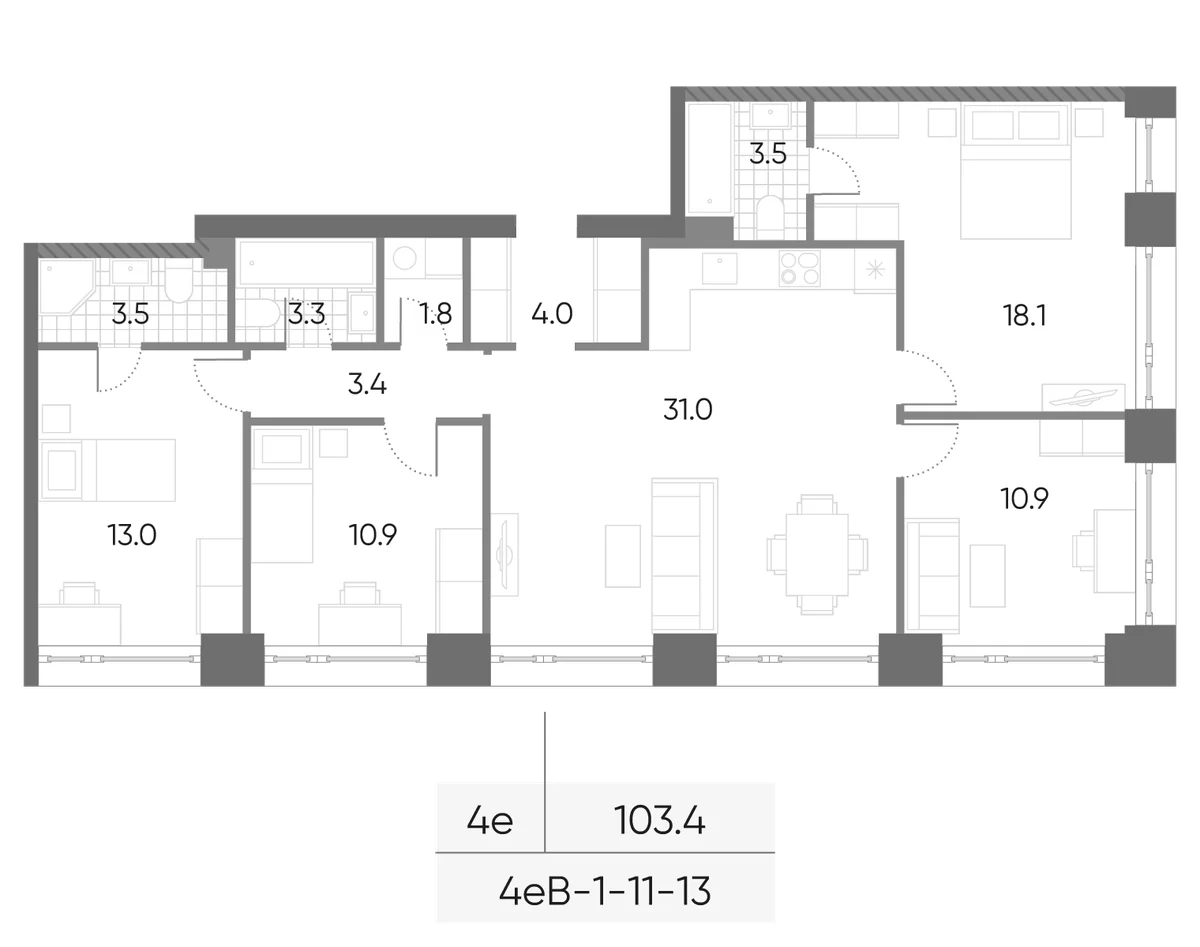 Планировка: Квартира евро-5 103,4 м² в ЖК «Вейв»