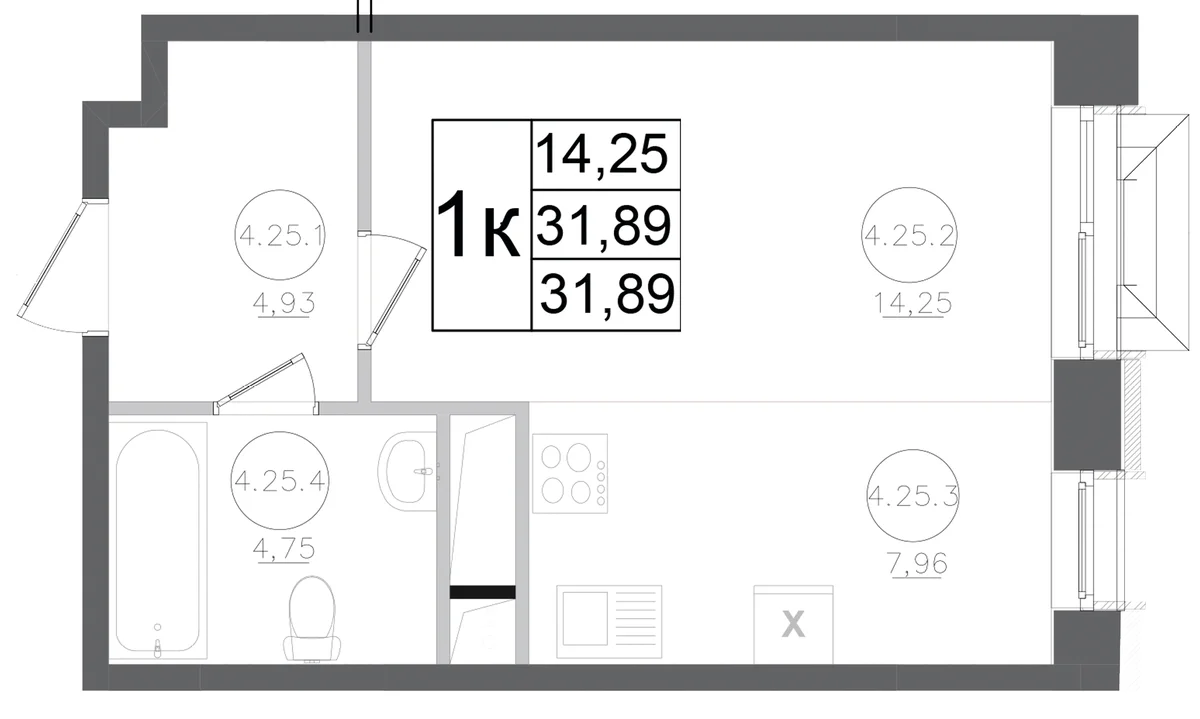 Планировка: Студия 31,9 м² в ЖК «Авиатор-2»