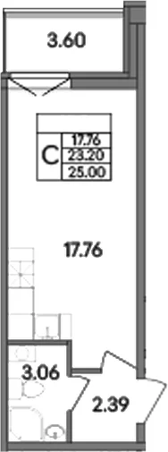Планировка: Студия 23,2 м² в ЖК «Рождественский квартал»