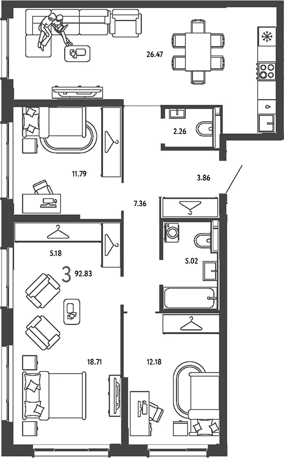 Планировка: 3-комнатная квартира 92,8 м² в ЖК «Страна.Парковая»