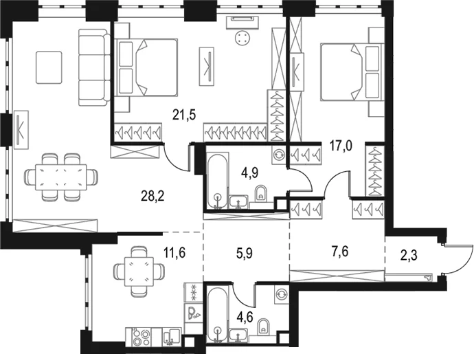 Планировка: Евротрёшка 103,6 м² в ЖК «Левел Южнопортовая»