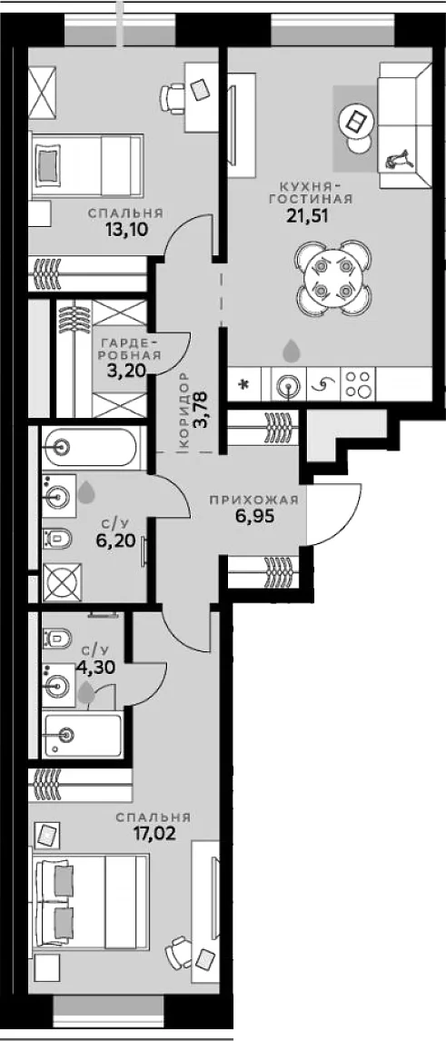 Планировка: Евротрёшка 76,1 м² в ЖК «СберСити»