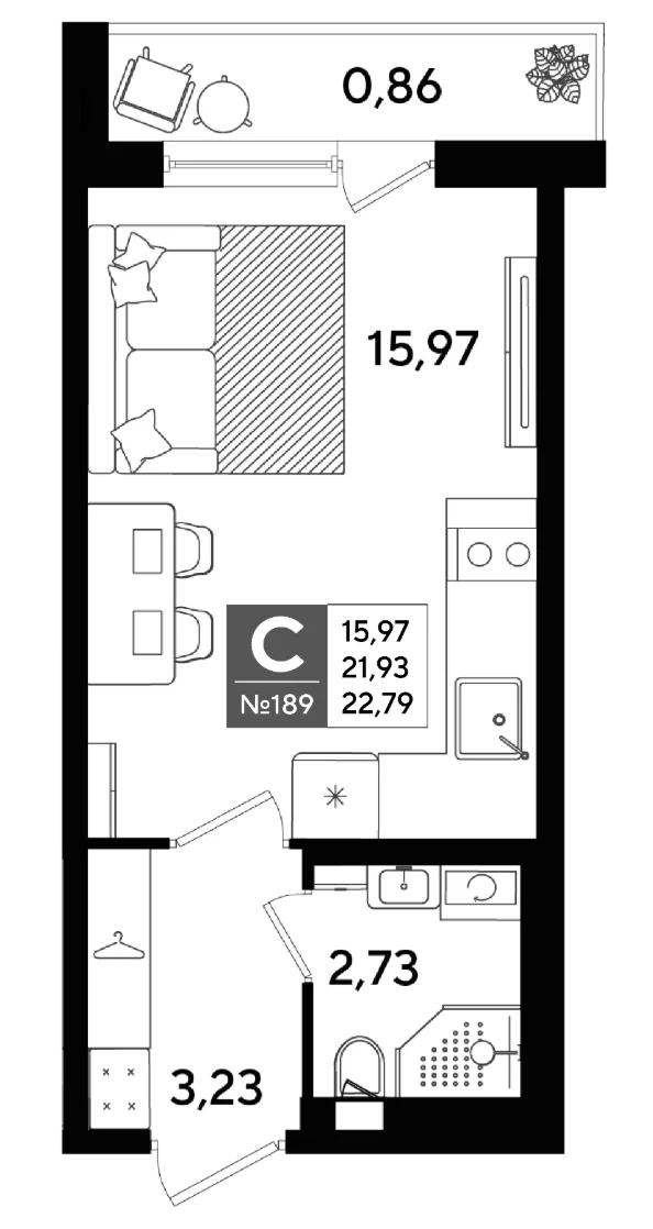 Планировка: Студия 21,9 м² в ЖК «Догма Юкки»