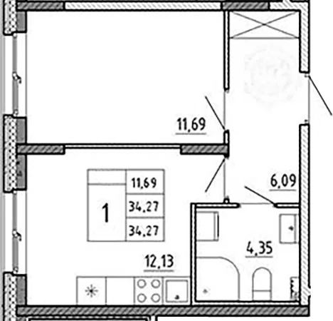 Планировка: 1-комнатная квартира 34,3 м² в ЖК «Аннино Сити»