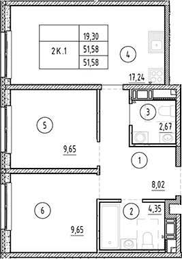 Планировка: Евротрёшка 51,6 м² в ЖК «Плюс Пулковский»