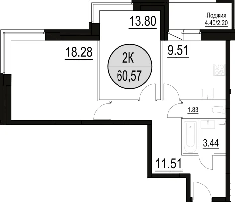 Планировка: 2-комнатная квартира 58,4 м² в ЖК «Солнечный Парк»