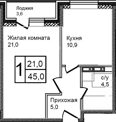 Планировка: Евродвушка 41,4 м² в ЖК «Троицкий»