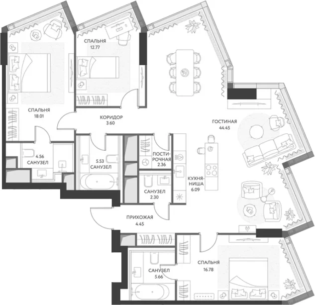 Планировка: Квартира евро-4 126,7 м² в ЖК «ХАЙДАУТ»