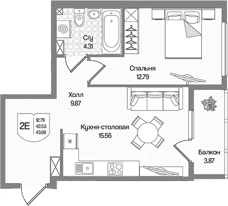 Планировка: Евродвушка 42,5 м² в ЖК «Охтинские высоты»