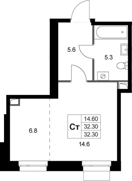 Планировка: Студия 32,3 м² в ЖК «Кореневский Форт 2.3»