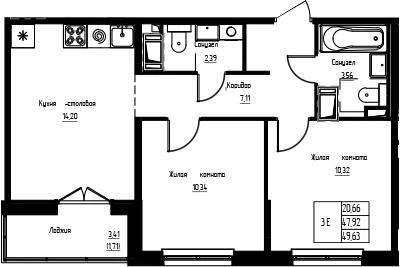 Планировка: 2-комнатная квартира 47,9 м² в ЖК «Кронунг-Янино»