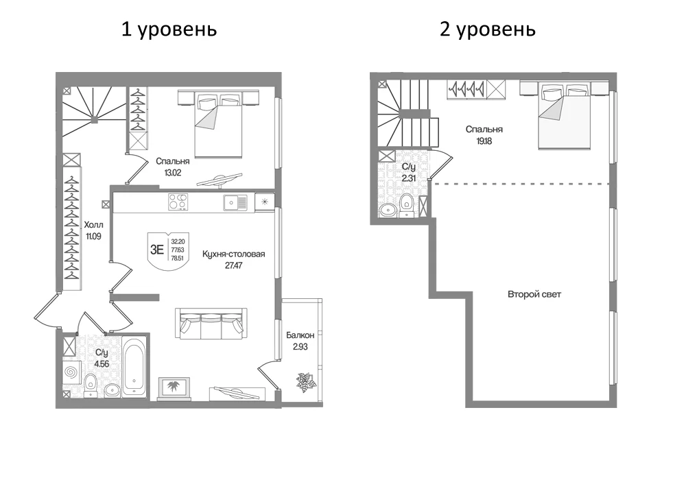 Планировка: Евротрёшка 77,6 м² в ЖК «Охтинские высоты»