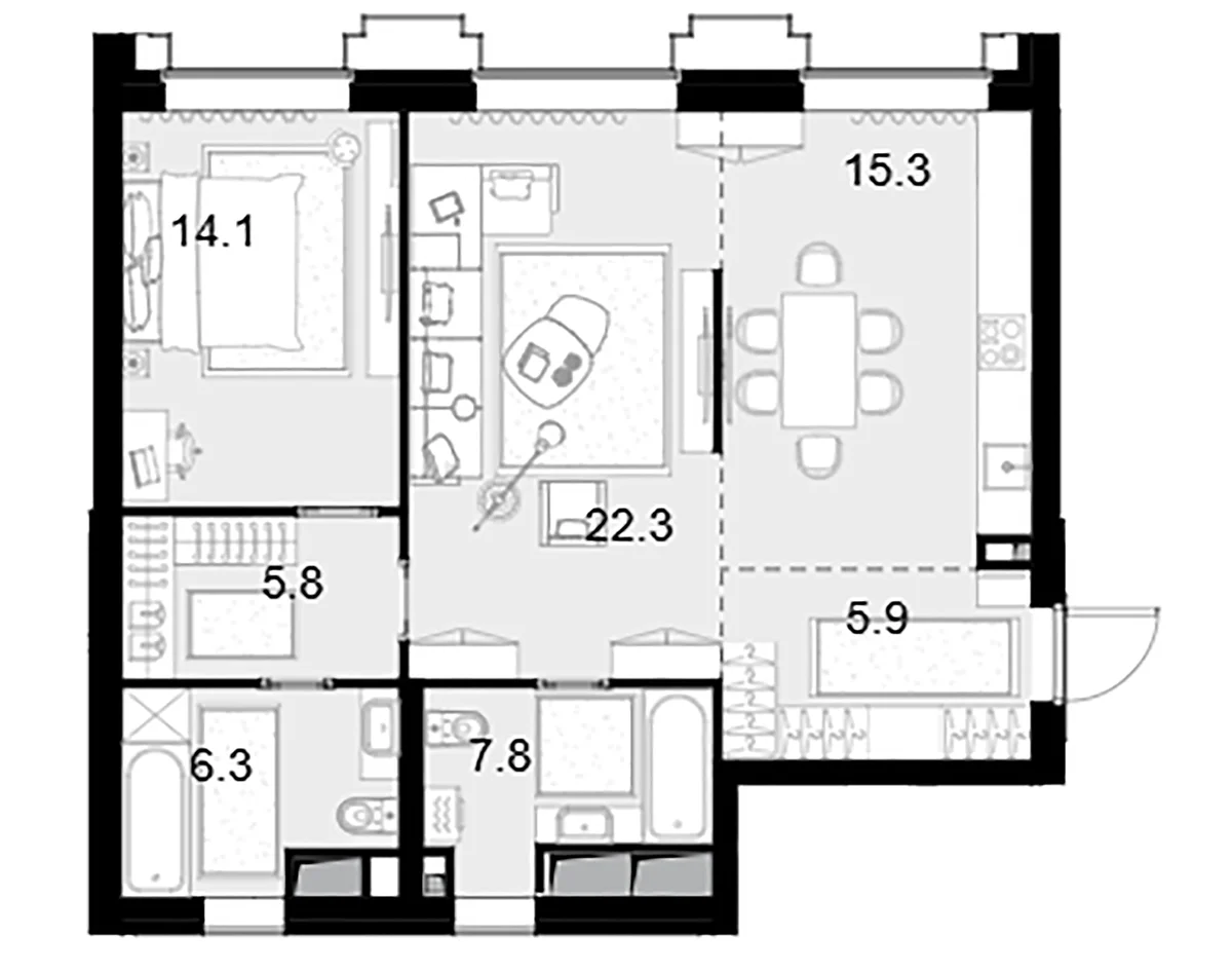 Планировка: Евродвушка 77,5 м² в ЖК «Высотка на Жукова»