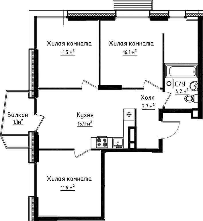Планировка: 3-комнатная квартира 63 м² в ЖК «Коллекция»