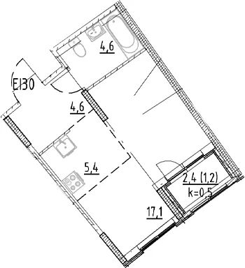 Планировка: 1-комнатная квартира 31,7 м² в ЖК «Ягодное Река Парк»