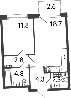 Планировка: Евродвушка 44,7 м² в ЖК «Цвет Зеленогорска»