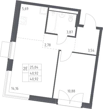 Планировка: Евродвушка 40,9 м² в ЖК «Квартал Западный»