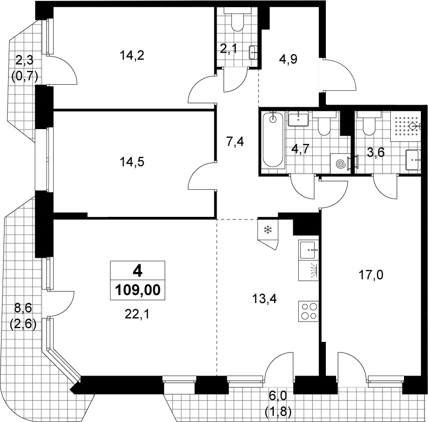 Планировка: Квартира евро-4 103,9 м² в ЖК «Прокшино»