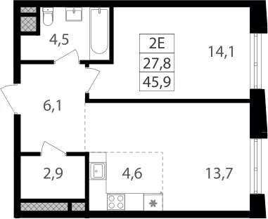 Планировка: Евродвушка 45,9 м² в ЖК «Семеновский парк 2»