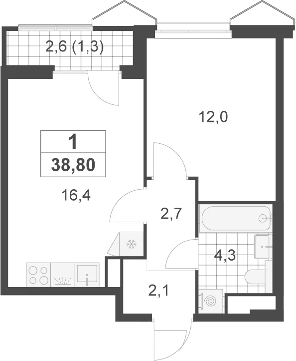 Планировка: Евродвушка 37,5 м² в ЖК «Деснаречье»