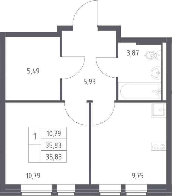 Планировка: 1-комнатная квартира 35,8 м² в ЖК «Квартал Авиаторов»